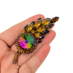 Vintage gold tone watermelon rivoli glass navette rhinestones designer brooch