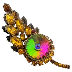 Vintage gold tone watermelon rivoli glass navette rhinestones designer brooch