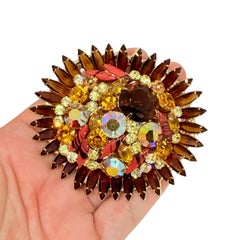 JULIANA DELIZZA ELSTER gold tone amber coral navette rhinestones designer brooch