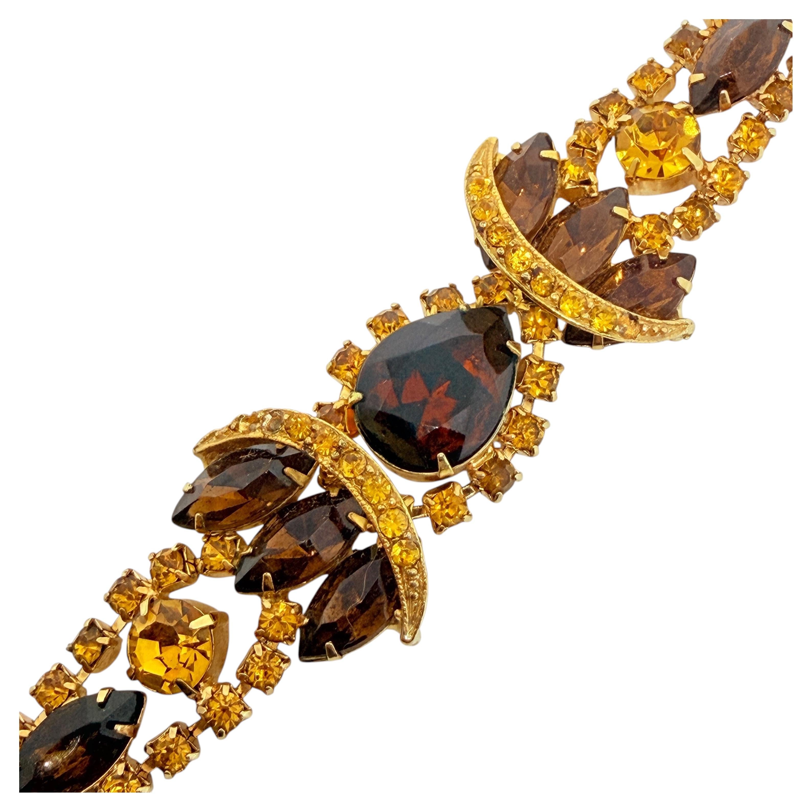Vintage gold tone amber citrine rhinestones stunning designer bracelet