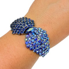 Vintage silver tone blue aurora rhinestones massive clamper designer bracelet