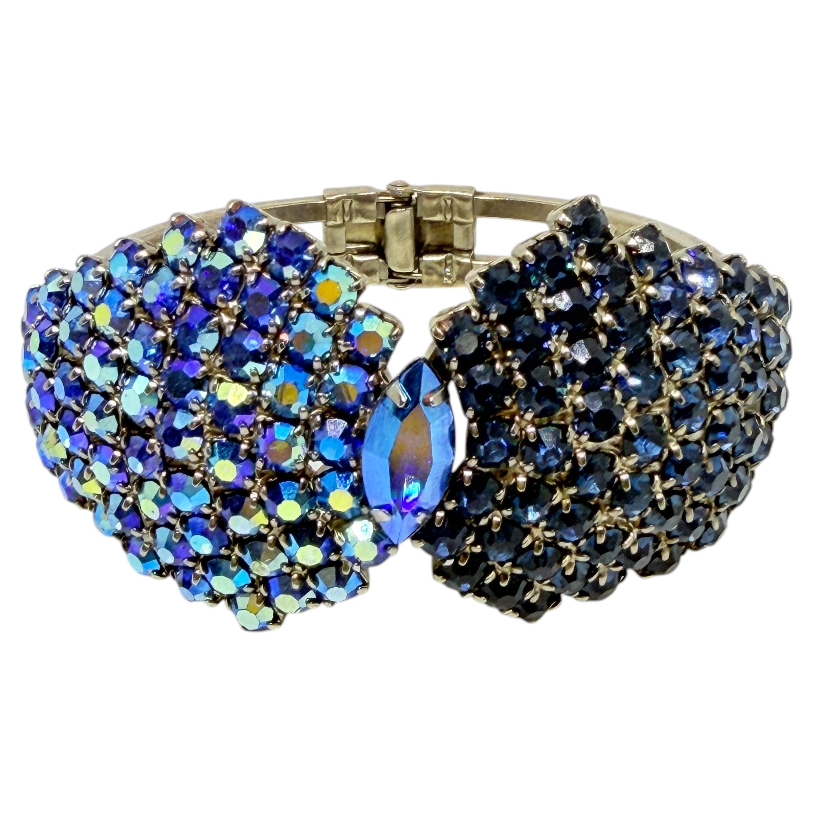 Vintage silver tone blue aurora rhinestones massive clamper designer bracelet