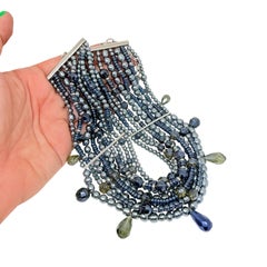 Collier de créateur « CAROLEE » signé, vintage, en perles de verre gris argenté