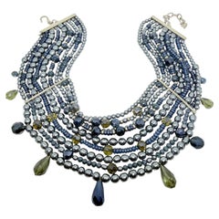 Collier de créateur « CAROLEE » signé, vintage, en perles de verre gris argenté