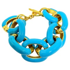 Bracelet de créateur vintage signé KENNETH LANE, composé d'une chaîne à maillons dorés et d'émail bleu