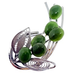Vintage silver tone natural green jade cabochons flower brooch