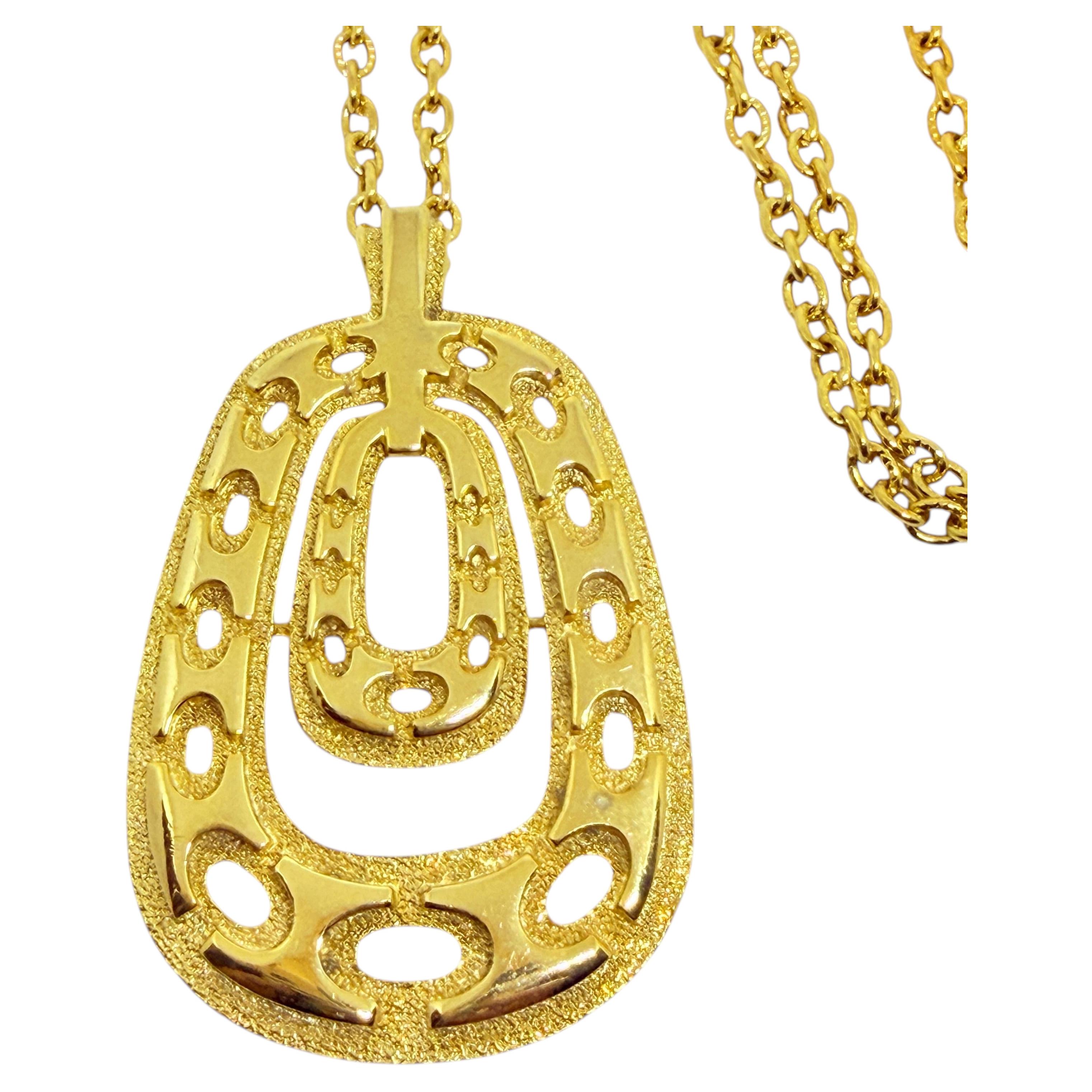 Vintage gold tone modernist geometric pendant designer chain necklace For Sale