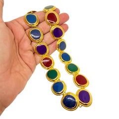Vintage gold tone colorful enamel toggle clasp designer link necklace
