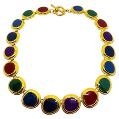 Vintage gold tone colorful enamel toggle clasp designer link necklace