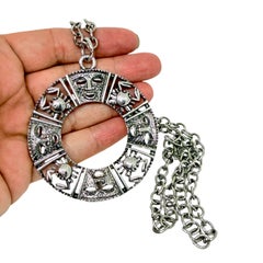 Vintage silver tone huge circle pendant scarabs faces chain designer necklace