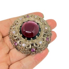 Vintage WESTERN GERMANY gold tone amethyst glass designer brooch