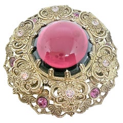 Vintage WESTERN GERMANY gold tone amethyst glass designer brooch