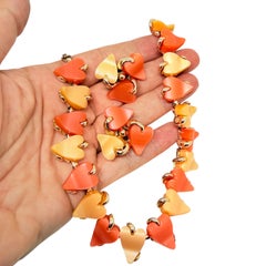 CLAUDETTE signed vintage gold orange thermoset heart leafs necklace earrings set