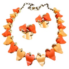 CLAUDETTE signed vintage gold orange thermoset heart leafs necklace earrings set