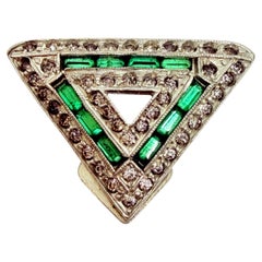 Vintage silver tone emerald rhinestones art deco triangle 1930's fur clip