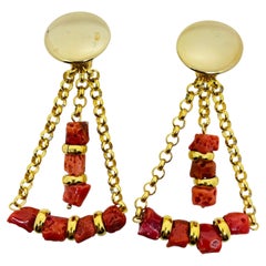 PARIS 1980s Collection - gold plated chain coral beads earrings by DOROTA LASAK