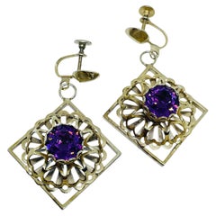 Vintage-Ohrclips mit Amethystglas-Anhänger in Goldoptik aus den 1970er Jahren