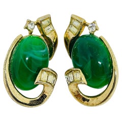 TRIFARI crown 'CARAVAN' vintage swirled green jade glass clip on earrings 1955