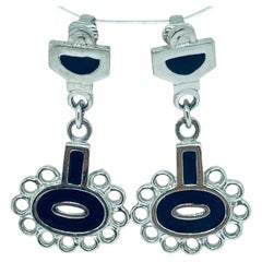 Orecchini a clip vintage in stile Art Déco, color argento con smalto nero, anni '80