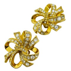 Orecchini a clip firmati KJL per AVON, vintage, con fiocco in strass color oro