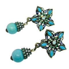 Vintage gold tone rhinestones faux turquoise dangle designer clip on earrings