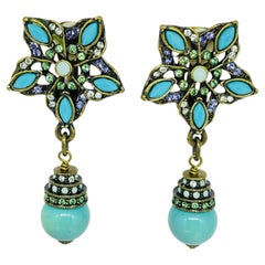 Vintage gold tone rhinestones faux turquoise dangle designer clip on earrings