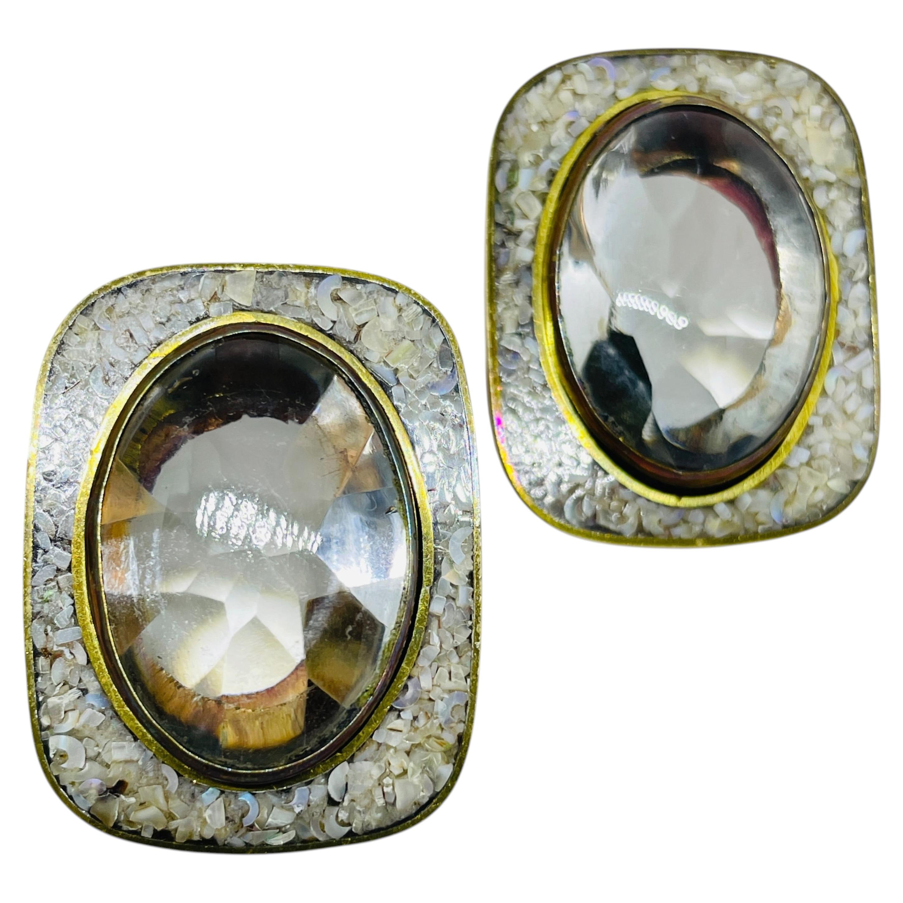 Vintage brass designer signed crystals and pearls inlaid clip on earrings For Sale