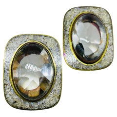 Vintage brass designer signed crystals and pearls inlaid clip on earrings