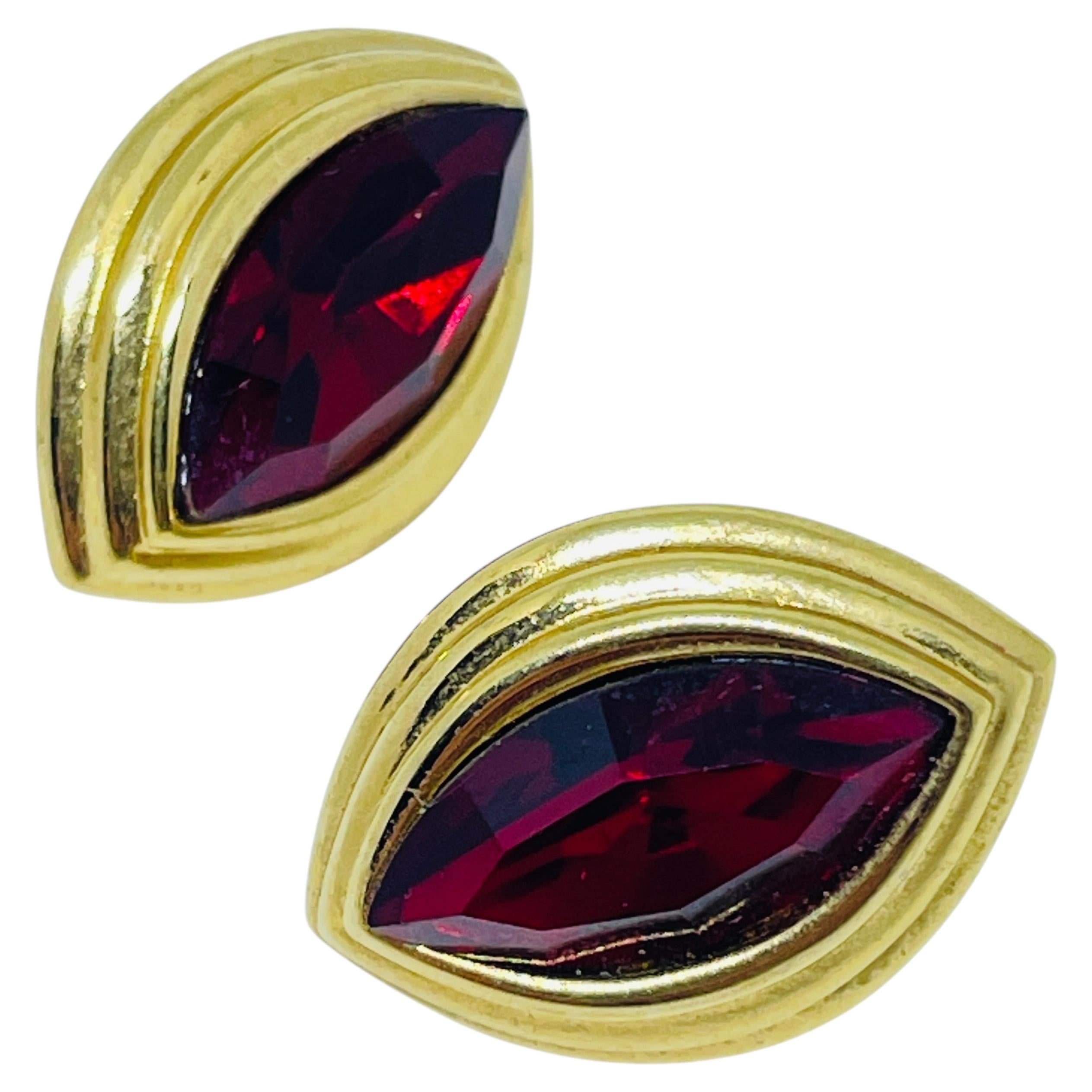 Pre-owned Monet Signed Vintage Gold Tone Red Rhinestones Designer Pierced Earrings