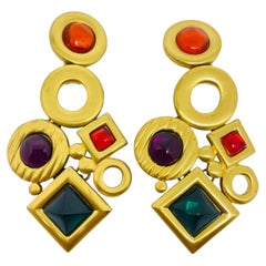 Boucles d'oreilles à clip ANNE KLEIN vintage des années 80, en verre rouge et vert, finition dorée mate