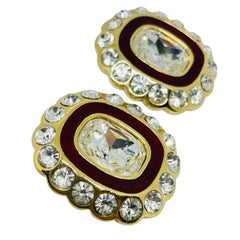 CHRISTIAN DIOR vintage gold plated red enamel crystals designer clip on earrings
