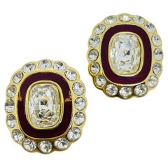 CHRISTIAN DIOR vintage gold plated red enamel crystals designer clip on earrings