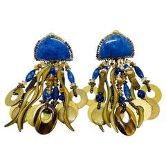 CHIPITA vintage lapis lazuli tiger eye gemstones gold tone designer earrings