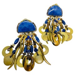 CHIPITA vintage lapis lazuli tiger eye gemstones gold tone designer earrings