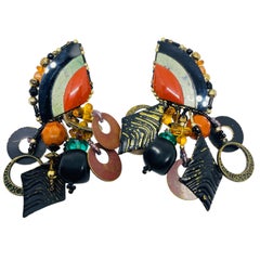 CHIPITA signed vintage multi gemstones gold tone designer clip on earrings
