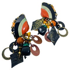 CHIPITA signed vintage multi gemstones gold tone designer clip on earrings