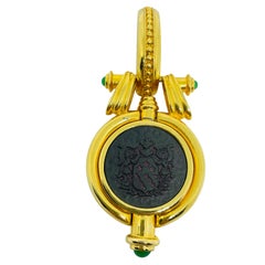 Vintage gold tone glass carnelian intaglio coin etruscan style pendant necklace