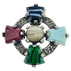 Vintage silver tone glass stones Maltese cross designer brooch