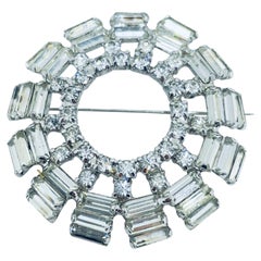 Vintage silver tone baguette rhinestones round designer brooch