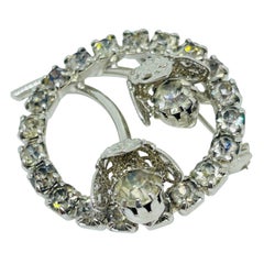 Vintage silver tone rhinestones small circle flowers designer brooch