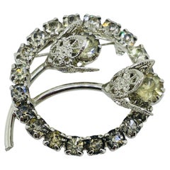 Vintage silver tone rhinestones small circle flowers designer brooch