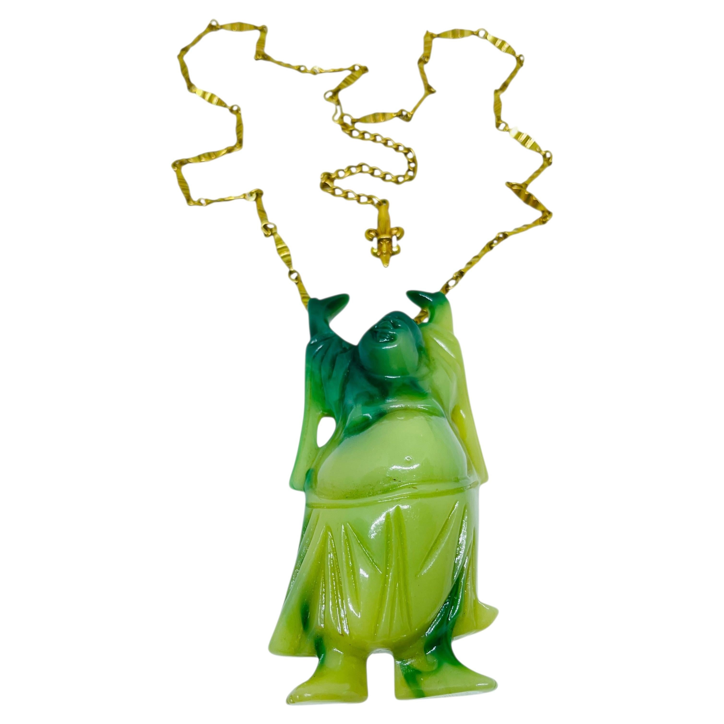 Pre-owned Vendome Vintage Gold Tone Chain Lucite Green Jade Happy Buddha Necklace