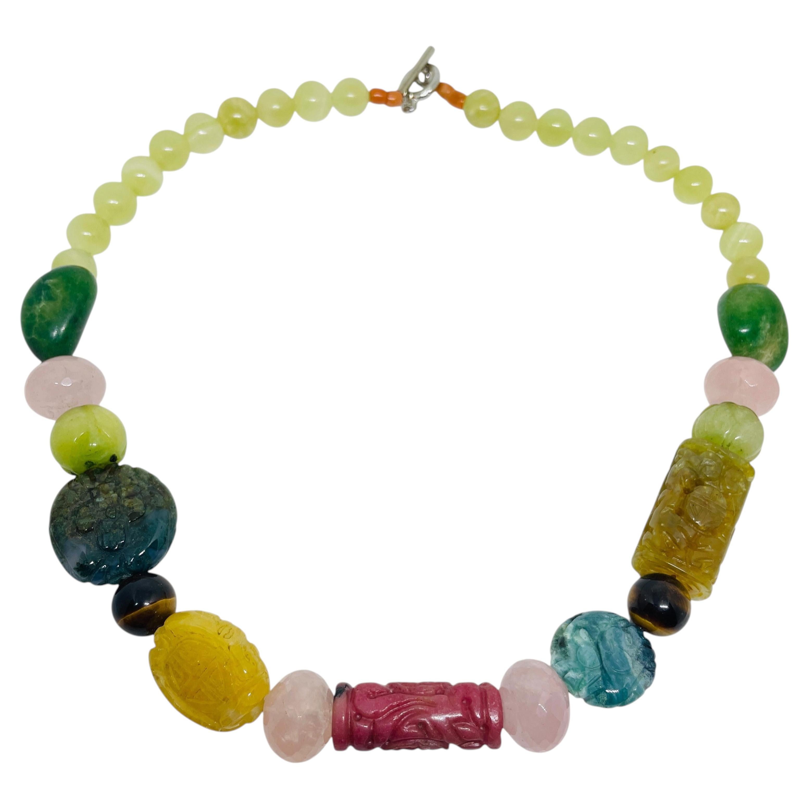 Pre-owned Vendome Vintage Sterling Silver 925 Toggle Clasp Multi Color Carved Gemstones Necklace In Multiple