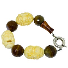 Vintage sterling silver 925 gemstone beads carved bone asian faces bracelet