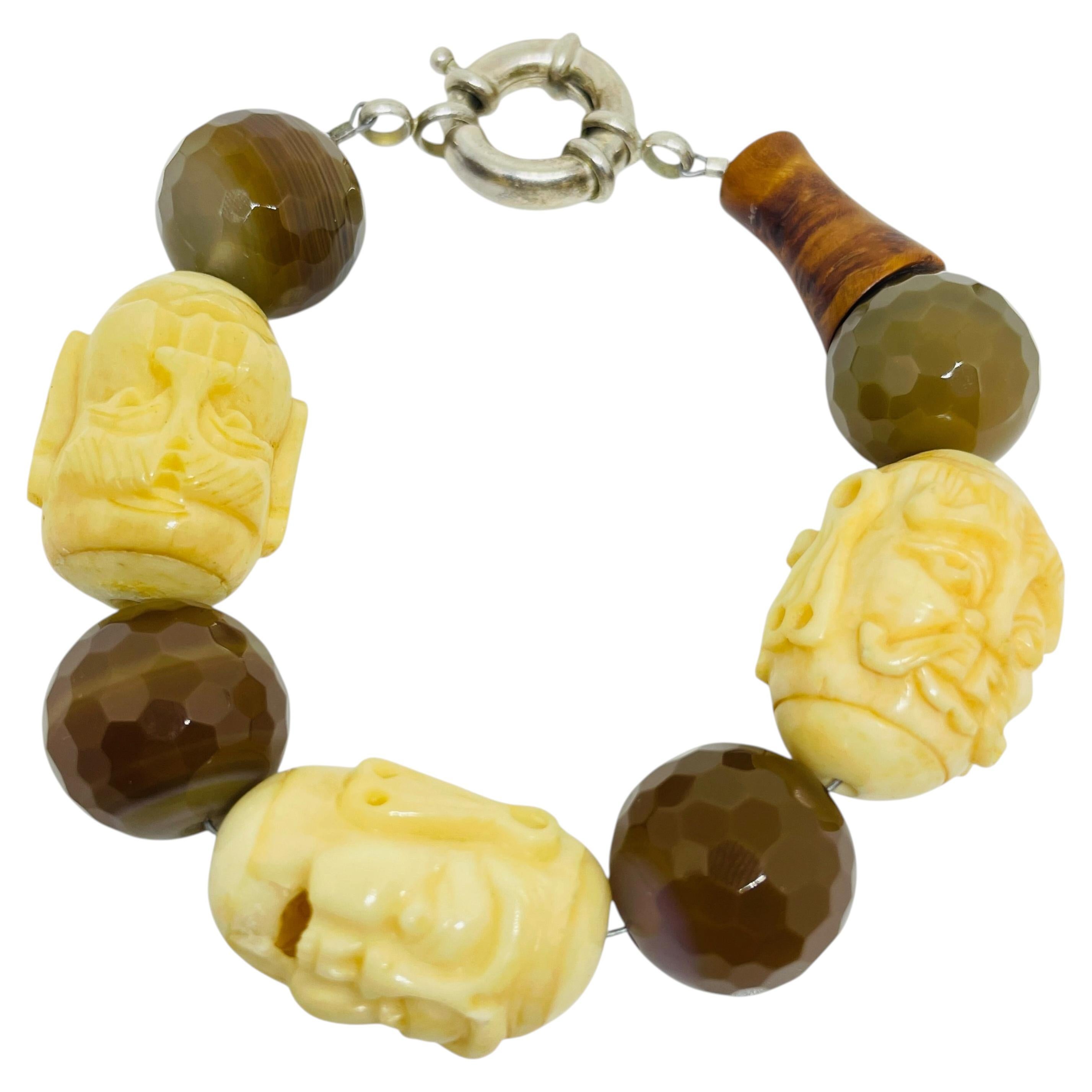 Pre-owned Vendome Vintage Sterling Silver 925 Gemstone Beads Carved Bone Asian Faces Bracelet In Multiple