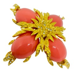 CINDY ADAMS signed vintage gold tone faux coral maltese cross designer brooch