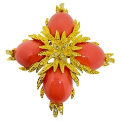 CINDY ADAMS signed vintage gold tone faux coral maltese cross designer brooch