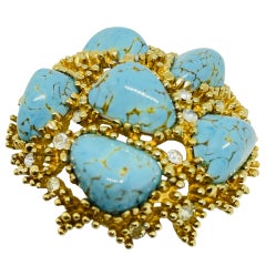 BOUCHER signed vintage gold tone faux turquoise rhinestones designer brooch