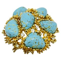 BOUCHER signed vintage gold tone faux turquoise rhinestones designer brooch