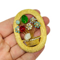 Vintage gold tone glass turquoise pearl rhinestones flowers designer brooch